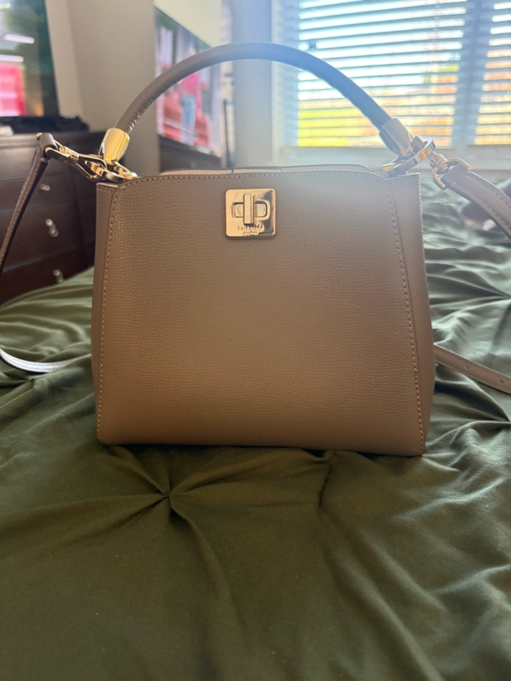 kate spade taupe pebbled leather satchel with gold hardware